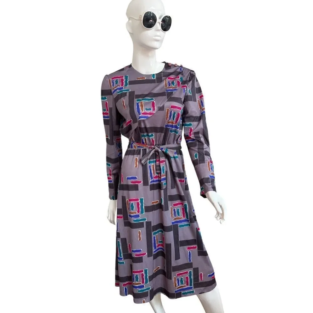 Vintage 1980s Geometric Rainbow Ruffle Neck Cinch Waist Belted Midi Dress